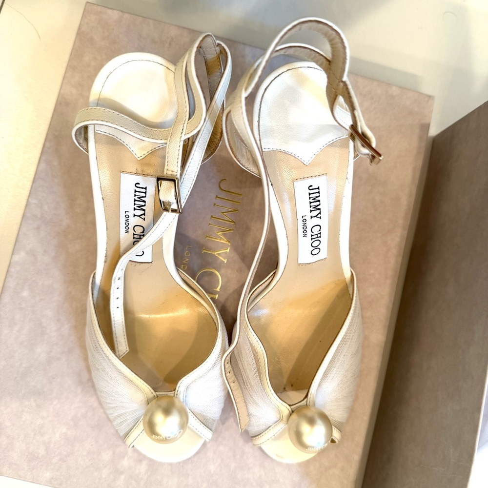 JIMMY CHOO Sacaria 85 Block Heels Sandals Cream White Bridal Pearl 37.5 7.5 - Picture 10 of 14
